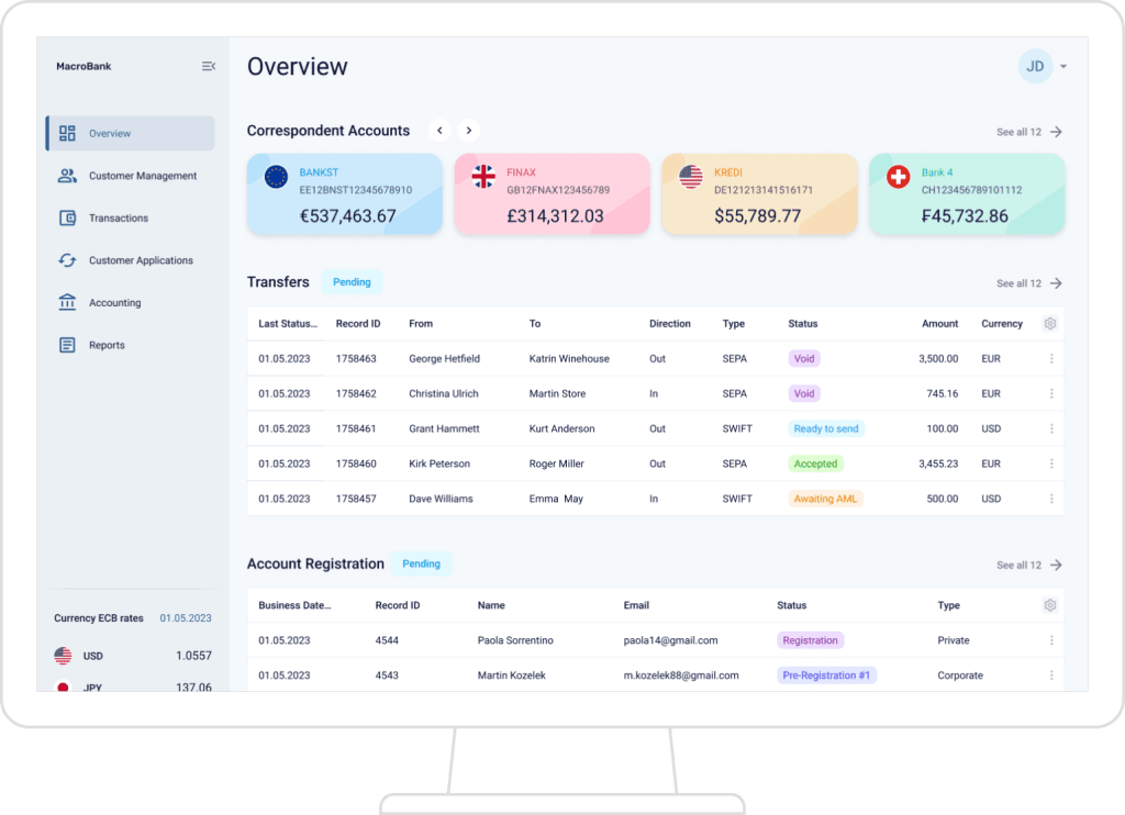 Core banking back-office application for operators