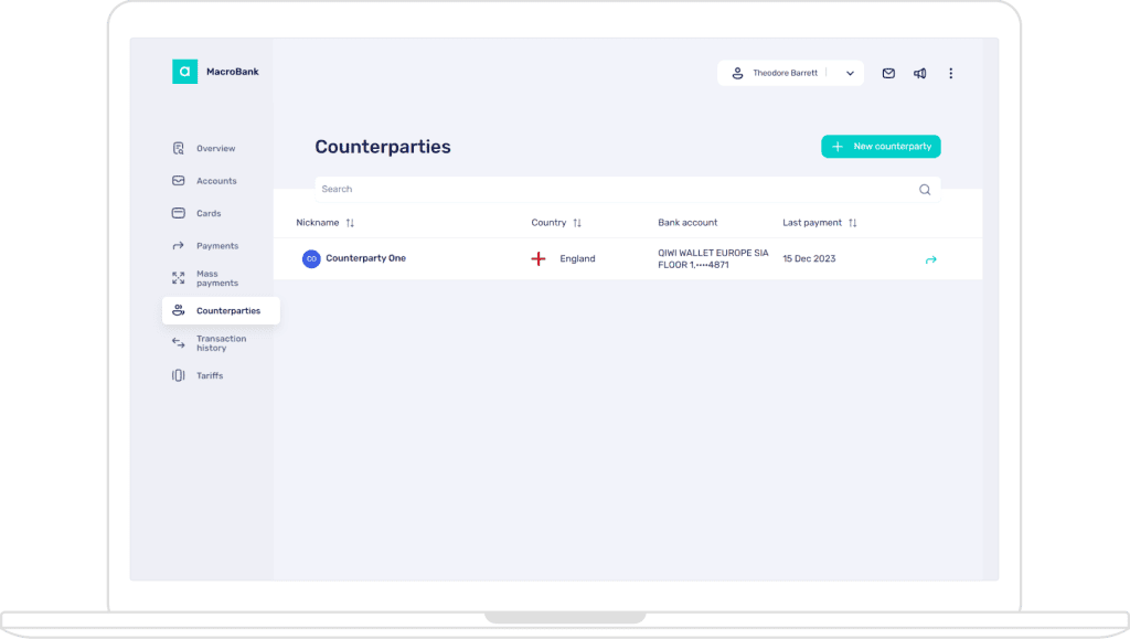 Core banking, white-label banking app, Counterparties section