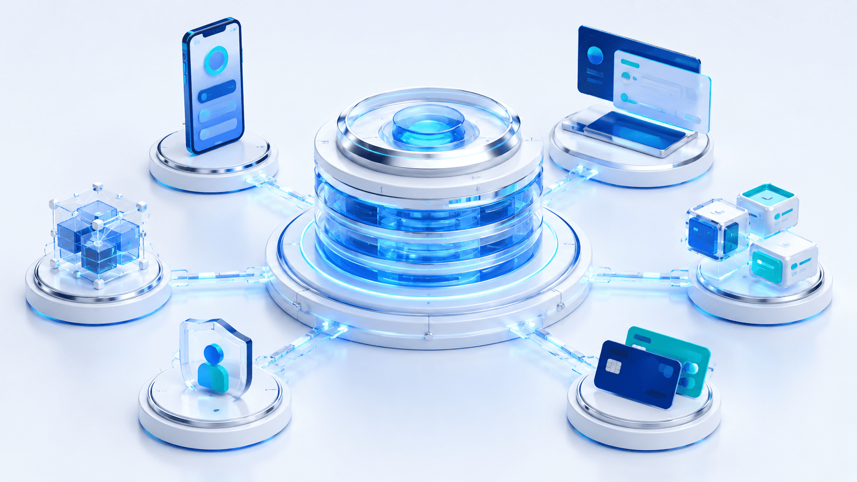 Digital core banking system connected to mobile, web, identity, cards and external service nodes.